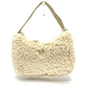 PRADA 1NE515 Triangle logo Fur bag Hand Bag Sheep fur Beige/SilverHardware
